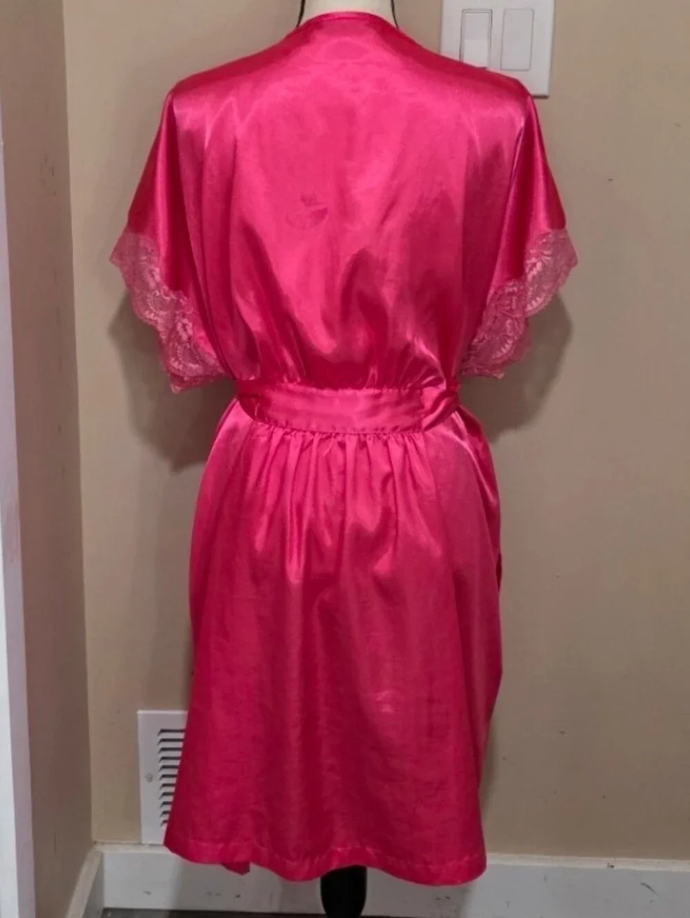 Morgan Taylor silky  Satin Lace-Trim  Neon Pink Belted  Robe